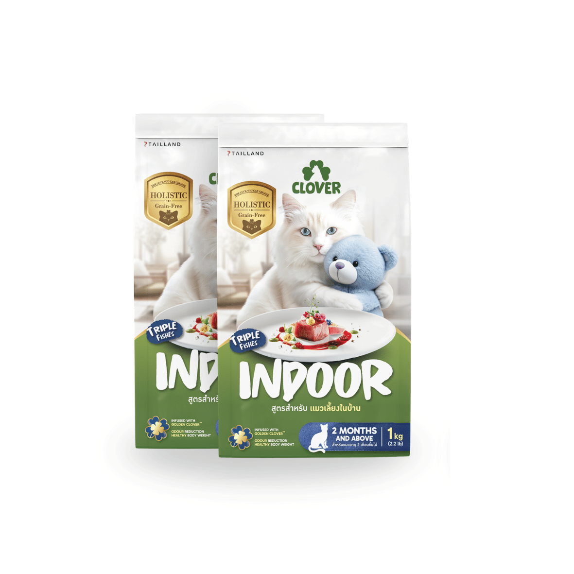 อาหารแมว CLOVER สูตร INDOOR สำหรับแมวเลี้ยงในบ้าน เกรด HOLISTIC GRAIN-FREE 1 กก. (ชุด 2 ถุง)_0